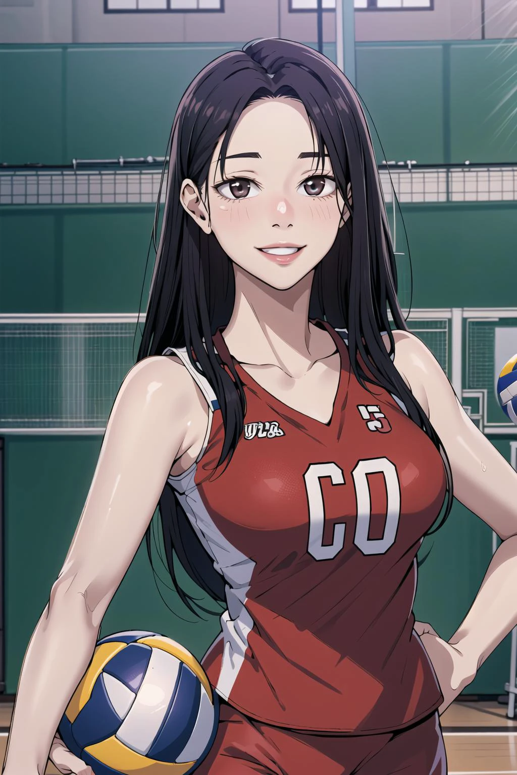 masterpiece, best quality, highres, depth of field, smiling, looking at viewer, 1girl, long hair, volleyball uniform, tall, indoor stadium, pureerosface_v1, ulzzang-6500, holding a volleyball,