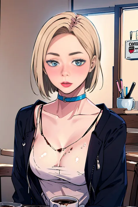 masterpiece, best quality, 1girl, upper body, short hair, blonde hair, blue eyes, pink lipstick, blush, wearing black choker, wearing earrings, wearing open jacket, looking at viewer, inside a coffee shop, there is a table in front with a cup of coffee,