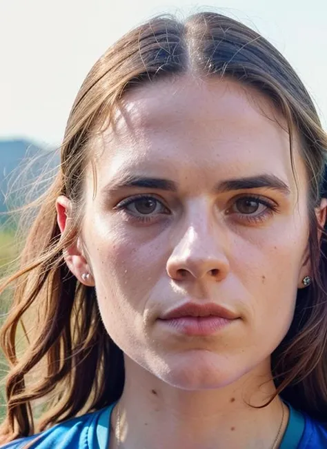 A stunning intricate color close up portrait of (sks woman:1) , wearing Tie-dye t-shirt and biker shorts, epic character composition, sharp focus, natural lighting, subsurface scattering, f2, 35mm, film grain, , by William Eggleston, <lora:lora-small-hayley-atwell-v1:1>