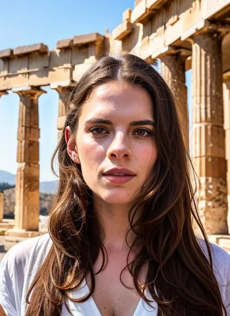 portrait of sks woman in Athens, at the Ancient Agora, by Flora Borsi, style by Flora Borsi, bold, bright colours, ((Flora Borsi)), by Dominique Issermann, <lora:lora-small-hayley-atwell-v1:1>