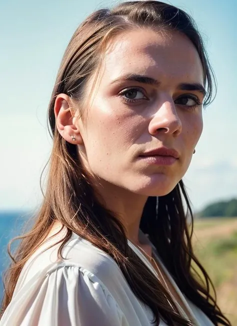 A stunning intricate color close up portrait of (sks woman:1) , wearing Pencil skirt and a blouse, epic character composition, sharp focus, natural lighting, subsurface scattering, f2, 35mm, film grain, , by Gerda Taro, <lora:lora-small-hayley-atwell-v1:1>
