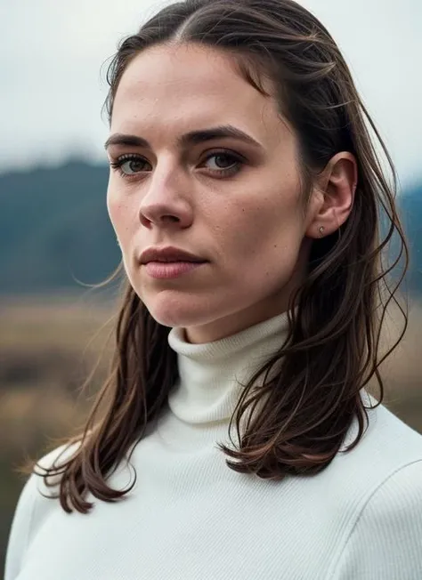 A stunning intricate color close up portrait of (sks woman:1) , wearing Turtleneck bodysuit and high-waisted trousers, epic character composition, sharp focus, natural lighting, subsurface scattering, f2, 35mm, film grain, , by Annie Leibovitz, <lora:lora-small-hayley-atwell-v1:1>