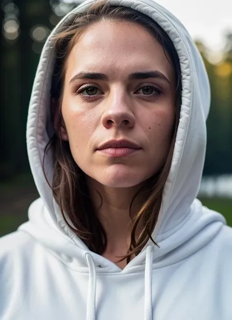 A stunning intricate color close up portrait of (sks woman:1) , wearing Hoodie and sweatpants, epic character composition, sharp focus, natural lighting, subsurface scattering, f2, 35mm, film grain, , by Andreas Gursky, <lora:lora-small-hayley-atwell-v1:1>