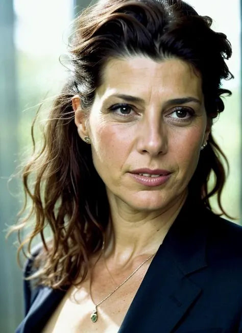 A stunning intricate color close up portrait of (sks woman:1) , wearing suit, epic character composition, sharp focus, natural lighting, subsurface scattering, f2, 35mm, film grain, , by Annie Leibovitz, <lora:locon_marisatomei_v1_from_v1_64_32:1>