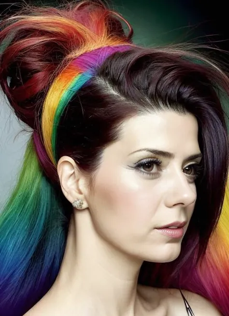 portrait of sks woman by Flora Borsi, style by Flora Borsi, bold, bright colours, rainbow Mohawk haircut, ((Flora Borsi)), <lora:locon_marisatomei_v1_from_v1_64_32:1.25>