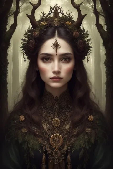 woman in a mythical forest, masterpiece, perfect face, intricate details, horror theme