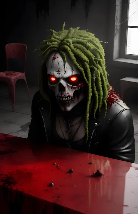 Post-apocalypse, Cult of Cthulhu, a dangerous looking sprinkled man green blood on top of a table with a alien head, peeled flesh, guro,broken creature, deadman, a dangerous looking sprinkled man green blood on top of a table with a alien head, with a lot of blood around, hyperrealism, hyper realistic color photo, realistic photography ((hnsrdlf style)), dark atmosphere, gothic art, realistic blood, RTX graphic, HDR, ultra detailed, ultra realistic shadows, ultra quality