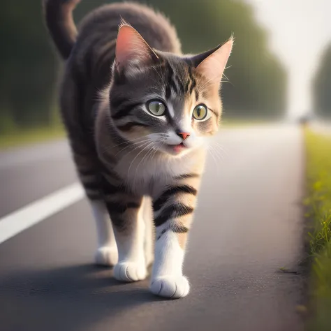 photo of cute cat, macro, close-up of cute cat on road, evening, photorealistic, hyperrealism, hyper realistic color photo, realistic photography ((hnsrdlf style)), dark atmosphere, gothic art, realistic blood, RTX graphic, HDR, ultra detailed, ultra realistic shadows, ultra quality