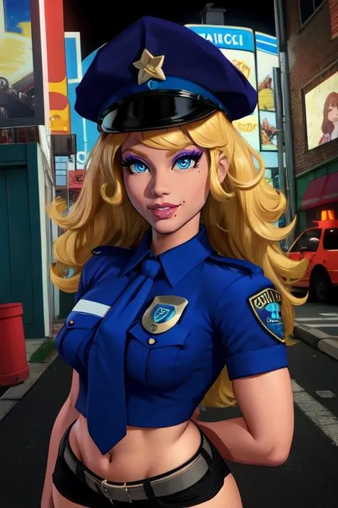 Kelly, blonde hair, blue eyes, mole under mouth,
make up, lips, curly hair, eye lashes,
solo, upper body, standing, smile,
night, streets, city scape, cars,
police uniform, police hat, midriff, black short shorts, blue shoes, blue tie,
(insanely detailed, beautiful detailed face, masterpiece, beautiful detailed eyes, best quality)
<lora:kelly-10:0.7>