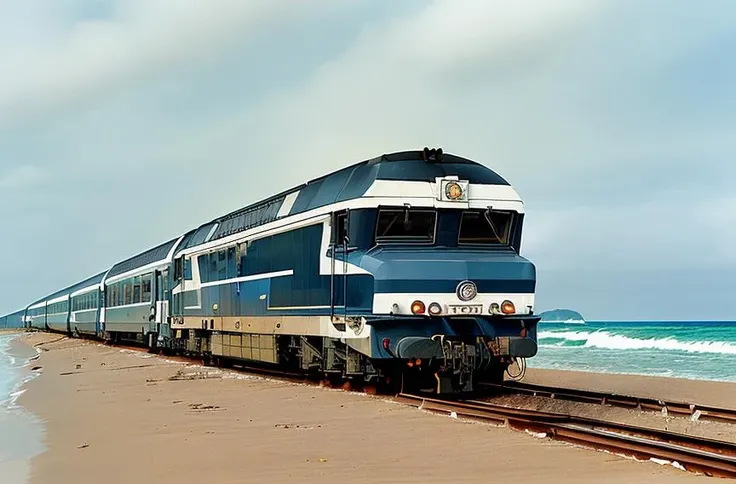 <lora:cc_72000_lora:0.9> train, along a beach
