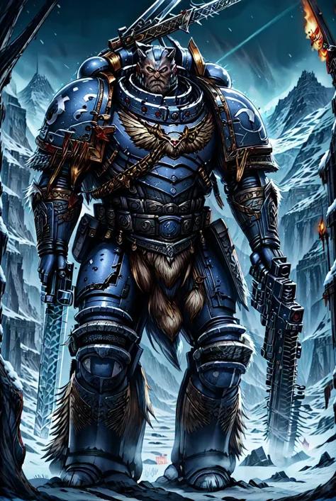 primaris, full body shot, battlefield background, standing, holding pistol, holding chainsword, vikingworld, wolf, wolfskin, cloak, runes,