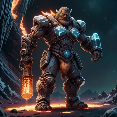 <lora:VikingWorld:0.8> vikingworld , <lora:ExoMagmaTech:0.8> exomagmatech, scifi, lava made, translucent , glowing hair, glowing beard , holding a hammer