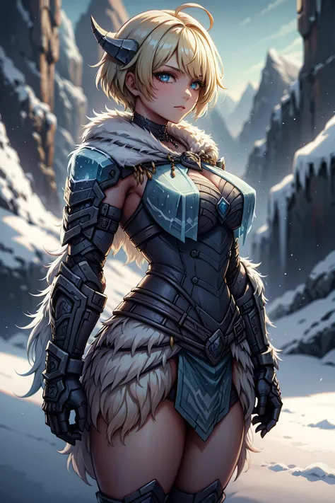 masterpiece, best quality, 1girl, solo, looking at viewer, <lora:EPfeMerrin-07:0.7> EPfeMerrin, blonde hair, short hair, ahoge, norse goddess, deity, goddess, norse mythology, love, fertility, beauty, war, magic, divine being, female, traditional attire, norse clothing, dress, golden necklace, feathered cloak, falcon cloak, mythology, nordic mythology, viking attire, <lora:VikingWorld:1> vikingworld