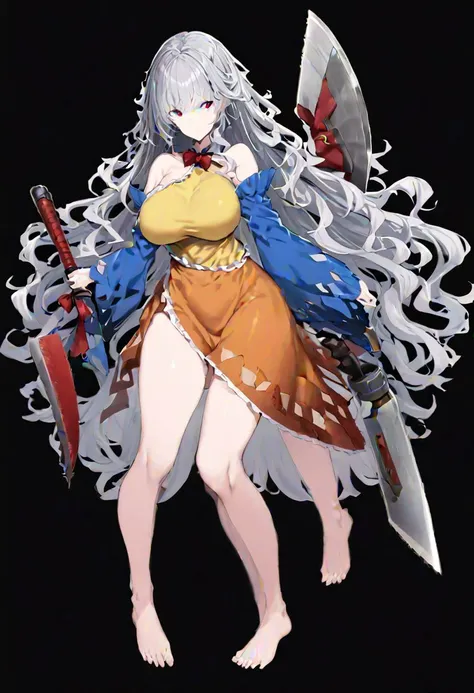 masterpiece, best quality, ultra-detailed, beautiful, nai3, 1girl, solo, full_body, tachi-e,
sakata_nemuno, karen_\(pokemon\), solo, 1girl, long_hair, red_eyes, long_sleeves, dress, frills, bare_shoulders, grey_hair, wide_sleeves, detached_sleeves, barefoot, red_skirt, wavy_hair, single_strap, toes, multicolored_dress, nata_\(tool\), yellow_dress, blue_sleeves, orange_dress, cleaver, red_dress, weapon, breasts, red_bow,