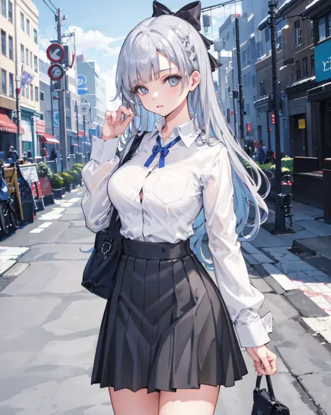 1girl, standing,outdoors,street,cowboy shot, large breasts, 
argusschool, <lora:ArgusSchoolV1:0.8>,shirt