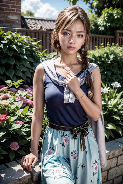 (realistic:1.3), finely detailed, quality, rembrandt lighting, (masterpiece:1.2), (photorealistic:1.2), (best quality), (detailed skin:1.3), (intricate details), dramatic, ray tracing, 1girl, japanese girl, 21 years old, detailed skin texture, (blush:0.5), (goosebumps:0.5), subsurface scattering, smiling, medium breasts, aanatsume, long hair, multicolored hair, twin braids, hair ribbon, blue ribbon, hair over shoulder, earrings, collarbone, necklace, stole, blue shirt, sleeveless, bracelet, sash, black ribbon, floral print, blue skirt, cowboy shot, (bright sunny day, garden, sky, cute pose), <lora:kurusu_natsume_v1:0.7>