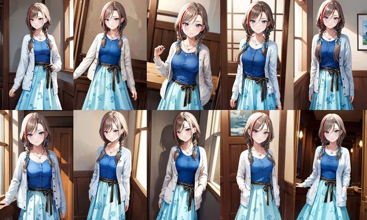 masterpiece, best quality, highres, aanatsume, long hair, multicolored hair, twin braids, hair ribbon, blue ribbon, hair over shoulder, earrings, medium breasts, collarbone, necklace, blue shirt, white cardigan, sash, black ribbon, floral print, blue skirt, <lora:kurusu_natsume_v1:0.7>, standing, cowboy shot, indoors,