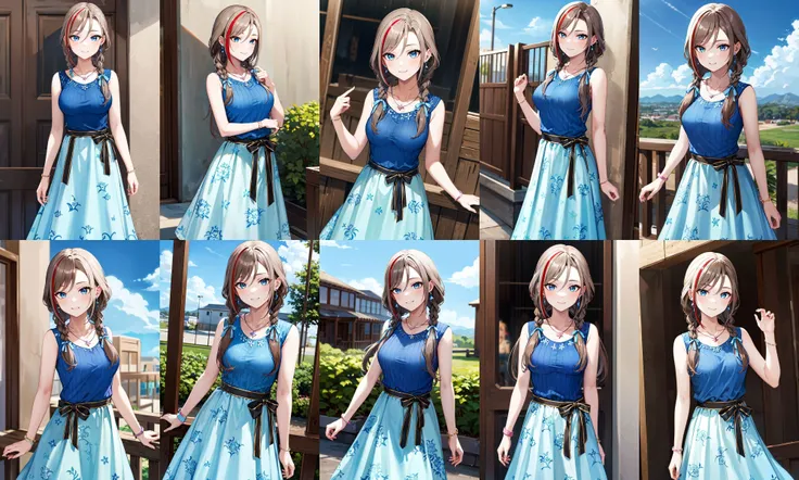 masterpiece, best quality, highres, aanatsume, long hair, multicolored hair, twin braids, hair ribbon, blue ribbon, hair over shoulder, earrings, medium breasts, collarbone, necklace, blue shirt, sleeveless, bracelet, sash, black ribbon, floral print, blue skirt, <lora:kurusu_natsume_v1:0.7>, standing, cowboy shot, outdoors, smile,