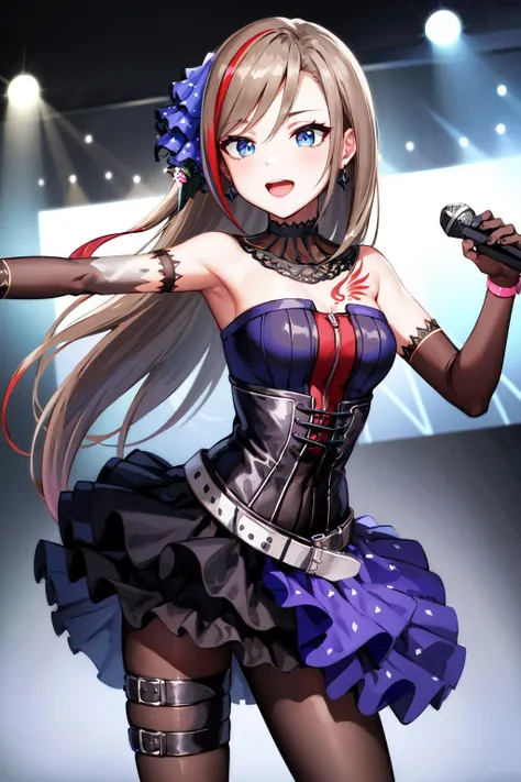 masterpiece, best quality, highres, aanatsume, long hair, multicolored hair, hair ornament, choker, bare shoulders, tattoo, frills, black dress, corset, bracelet, elbow gloves, black gloves, belt, thigh strap, black skirt, black pantyhose, <lora:kurusu_natsume_v1:0.7>, standing, cowboy shot, stage, holding microphone, open mouth, smile, arms at sides,