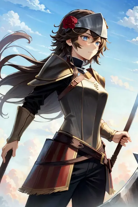 <lora:Agnea:1>, Agnea, 1girl, solo, hair flower, ((red armor)), ((helmet)), weapons, bow \(weapon\), sword, spear, axe, masterpiece, best quality,