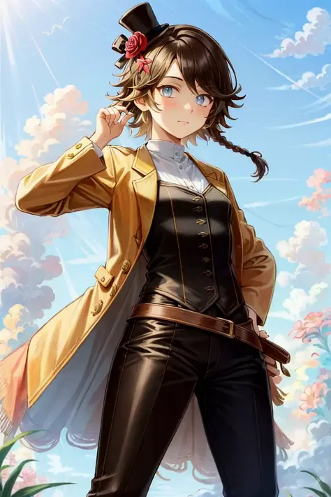 <lora:Agnea:1>, Agnea, 1girl, solo, hair flower, ((yellow jacket)), mini top hat, pants, boots, gold coins, masterpiece, best quality,