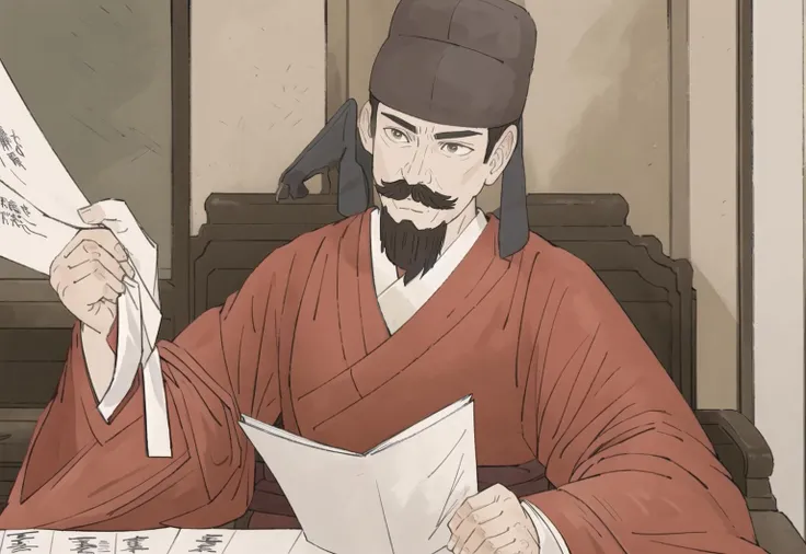 man sat on the desk, flipping through paper,
(masterpiece, best quality:1.2), children's books, justice, 
1boy, (middle-aged man:1.1), mustache, [hat], <lora:GFPM-000004:0.8>, <lora:hanfuMing_v31:0.5> hanfu, ming style, yellow robe, 
<lora:WuMo2:0.2>,  <lora:ghibli_style_offset:0.4>