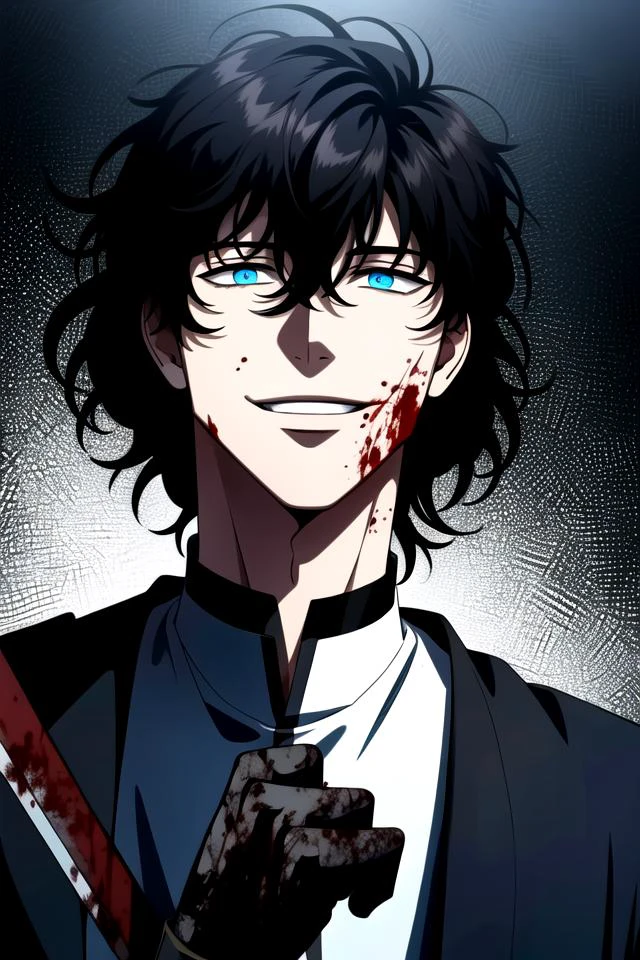 ,
(fantasy-style), 1boy, (main character), ((male focus, solo)), black hair, blue eyes, smile, looking at viewer, portrait, glowing, bangs, glowing eyes, hair between eyes, short hair, close-up, gradient background, grin, gradient, parted lips, teeth, shirt, upper body, looking at viewer, bangs, shirt, short hair, black shirt, teeth, hair between eyes, black gloves, high collar, ((blood on face)), jacket, ((gradient background)), weapon, messy hair
(masterpiece), (highest quality), best quality, highres, 8K, extremely detailed, Digital Art, (Hyper-Detailed Background:1.2), (realistic background), (intricate details), award-winning, hyper-detailed, (illustration:1.1),
(cinematic lighting), soft lighting,