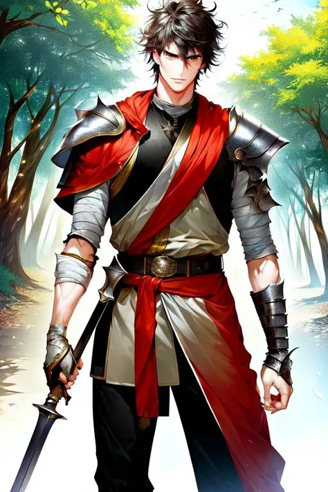 <lora:ManhwaMegaUltimate-000030:1>, (fantasy, fantasy-style), 1boy, male focus, solo, black hair, short hair, black eyes, closed mouth, standing, bangs, looking at viewer, angry, weapon, sword, holding sword, bandaged arm, torn clothes, belt, cape, short hair, ((cloak, armor)), short sleeves, dirty clothes, brown belt, bandages, shirt, pants, (cowboy shot), tree, outdoors, nature, forest, day, sunlight, plant, scenery, bush, leaf, (((masterpiece))), (highest quality), best quality, highres, (intricate details), 8K, ((perfect face)), (Mature Face:1.4), (beautiful face:1.15), detailed eyes, messy hair