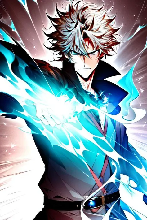 <lora:ManhwaMegaUltimate-000030:1>, fantasy, fantasy-style, reiatsu, 1boy, male focus, solo, blue eyes, aura, looking at viewer, upper body, blonde hair, smile, fire, magic, parted lips, blue fire, belt (((masterpiece))), (highest quality), best quality, highres, (intricate details), 8K, ((perfect face)), (Mature Face:1.4), (beautiful face:1.15), detailed eyes, messy hair