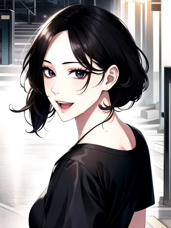 <lyco:ManhwaUltima-000013:0.80>
(sexy-style), 1girl, solo, black hair, wet, skirt, looking back, looking at viewer, smile, shirt, wet clothes, ass, open mouth, pantylines, pencil skirt, white shirt, black skirt, black eyes, wet shirt, bangs, from behind, medium hair, short sleeves, stairs, office lady, bra visible through clothes, brown eyes, see-through, breasts, indoors, wet hair, bra, shirt tucked in, detailed eyelashes,
(((masterpiece))), (highest quality), best quality, highres, (intricate details), 8K, extremely detailed, Digital Art, (Hyper-Detailed Background:1.2), (realistic background), award-winning, hyper-detailed, (illustration:1.1),
((perfect face)), (Mature Face:1.4), (beautiful face:1.15), detailed eyes, very deep eyes, messy hair,
