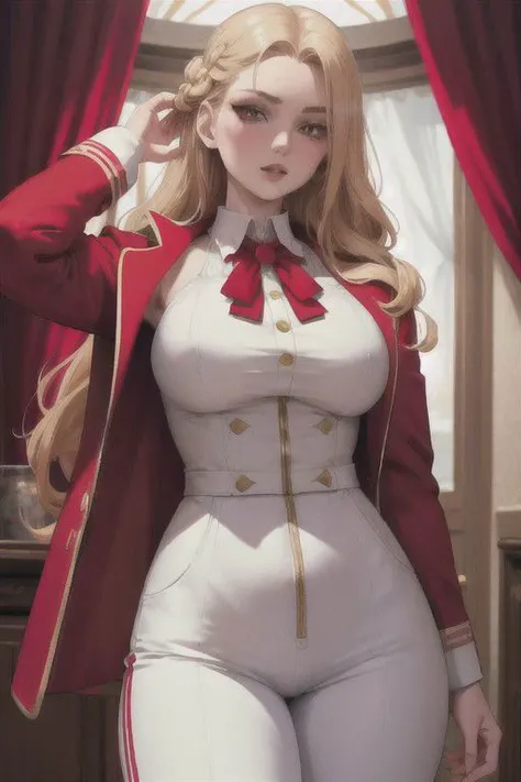 Tall person, ((white skin)), pale skin, round blush on cheeks, red pupils, vertical pupils, long curly hair, blonde hair tied in a braid at the back, red jacket, red trousers, white tie, striped clothes, with circus background, cheerful atmosphere, pentagram of five-pointed star in the sky.
Dynamic light, ultra-detailed, extremely detailed CG, micro-intricate, (Highly detailed skin, highly detailed face, highly detailed pupils, highly detailed iris: 1.3), (best quality:1.2), ((high resolution:1.5))), (masterpiece:1.3), sharp focus, (8K resolution:1.1), intricate detail, hyper-detailed, Highlight and shadow, volumetric lighting, highly detailed background.