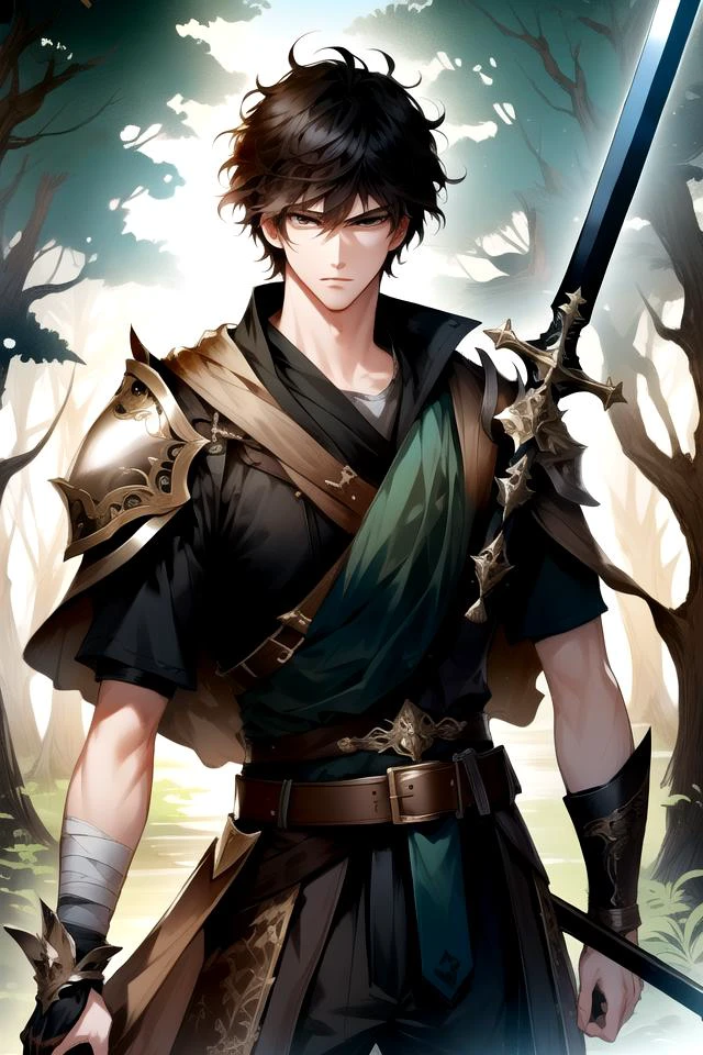 <lora:ManhwaMegaUltimate:1>,
(fantasy, fantasy-style), 1boy, male focus, solo, black hair, short hair, black eyes, closed mouth, standing, bangs, looking at viewer, angry,
weapon, sword, holding sword, bandaged arm, torn clothes,
belt, cape, short hair, ((cloak, armor)), short sleeves, dirty clothes, brown belt, bandages, shirt, pants,
(cowboy shot),
tree, outdoors, nature, forest, day, sunlight, plant, scenery, bush, leaf,
(((masterpiece))), (highest quality), best quality, highres, (intricate details), 8K, ((perfect face)), (Mature Face:1.4), (beautiful face:1.15), detailed eyes, messy hair