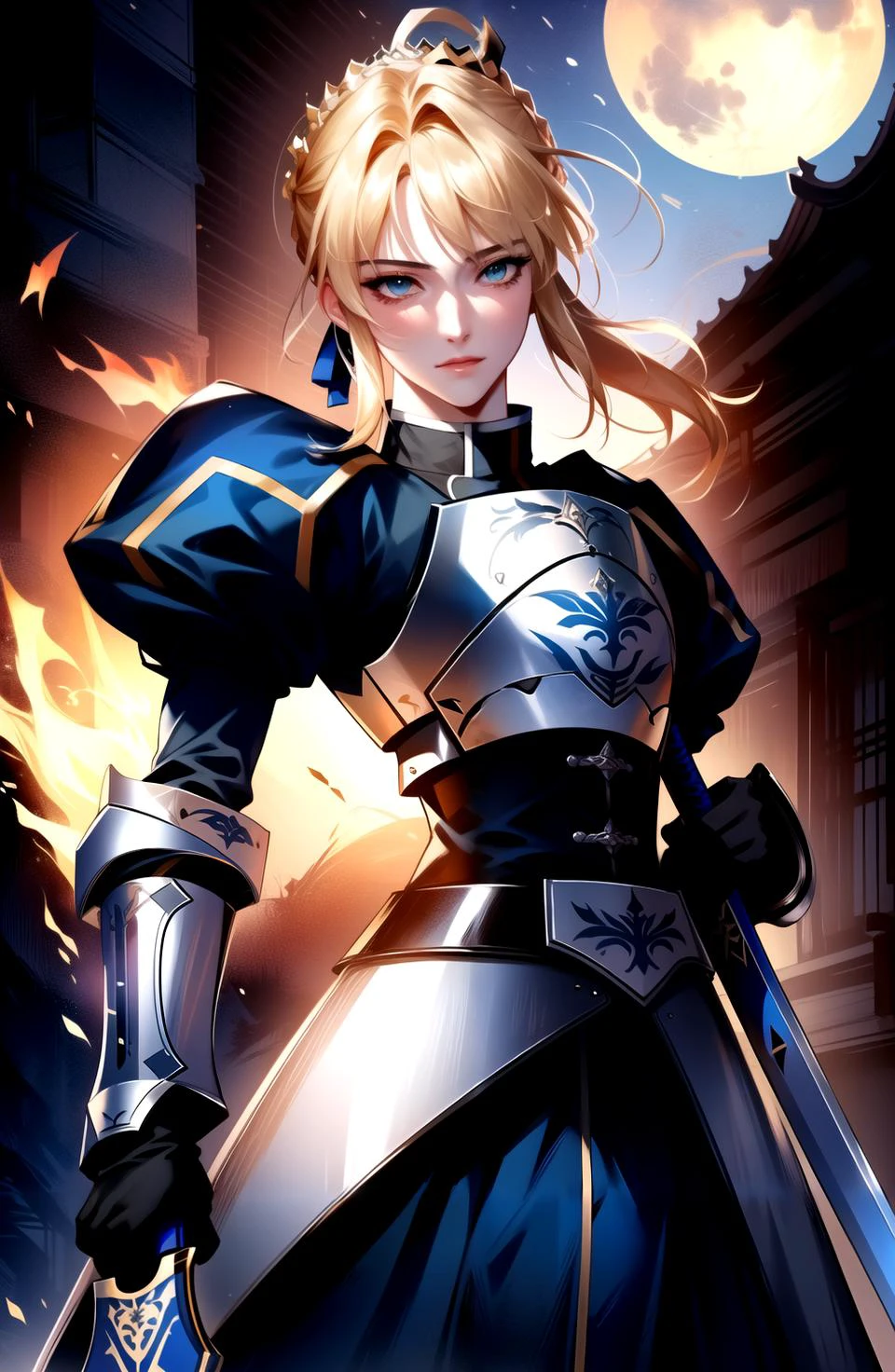 <lora:ManhwaMegaUltimate:0.8>,
((fantasy, fantasy-style)), ((artoria pendragon \(fate\), saber)), fire, solo, ((holding sword, holding shield)), armor, shoulder armor, standing, looking at viewer, black pants, blonde hair, green eyes, ((cowboy shot, )), muscular female, dynamic pose, (outdoors, night, street, east asian architecture, night sky, moon),
(Highres), 8K, Detailed, Ambient Light, Digital Art, Soft Lighting, (Hyper-Detailed Background:1.2), Messy Hair, (Mature Face:1.4), (beautiful face:1.15), (((masterpiece))), (highest quality), ((perfect face))