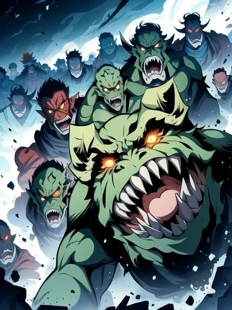 <lyco:ManhwaUltima-000013:0.80>
((mob, monster horde, monster army)), glowing eyes, glowing, red eyes, (((multiple boys, 6+boys))), teeth, giant, muscular, sharp teeth, male focus, open mouth, monster, fangs, scar, green skin, tusks, looking at viewer
(((masterpiece))), (highest quality), best quality, highres, (intricate details), 8K,