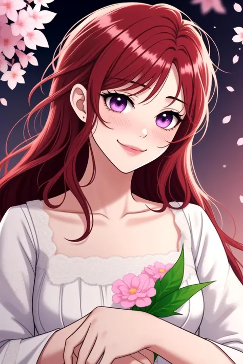 ((shoujo-style)), 1girl, purple eyes, solo, red hair, flower, long hair, petals, holding, looking at viewer, smile, dress, white dress, hair between eyes, blush, upper body, wavy hair, collarbone