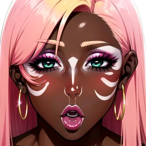 (masterpiece:1.4), (high res), HD, 4k, ((best quality:1.3)), beautiful face, detailed face, ultra-detailed,<lora:anime_screencap_v2:.1> (solo focus, solo), ((close-up face shot:1.5) (up close lips:1.3),), facing viewer, (white background, plain background, simple background:1.3), (looking at viewer), neon glow, hoop earrings, very dark skin, makeup, jewelry, large intricate hair, ((the legend of zelda, link, 1boy, multicolored hair, blonde hair, pink gradient hair), drill hair, large eyes, green eyes,), ((wide lips, parted lips, (open mouth), hot pink lips,) (lipstick, hot pink lipstick)lipskick mark), ((yamanba:1.5), (white facepaint makeup:1.3, white face tattoo)) (colored skin, dark-skinned, very dark skin) <lora:retromanba:.75> <lora:albatrossv1:.4> <lora:ManhwaUltima:1> sexy-style