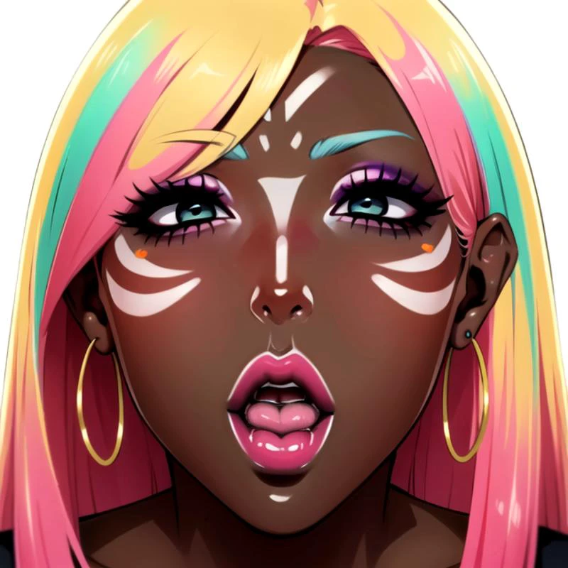 (masterpiece:1.4), (high res), HD, 4k, ((best quality:1.3)), beautiful face, detailed face, ultra-detailed,<lora:anime_screencap_v2:.1> (solo focus, solo), ((close-up face shot:1.5) (up close lips:1.3),), facing viewer, (white background, plain background, simple background:1.3), (looking at viewer), neon glow, hoop earrings, very dark skin, makeup, jewelry, large intricate hair, ((the legend of zelda, link, 1boy, multicolored hair, blonde hair, pink gradient hair), drill hair, large eyes, green eyes,), ((wide lips, parted lips, (open mouth), hot pink lips,) (lipstick, hot pink lipstick)lipskick mark), ((yamanba:1.5), (white facepaint makeup:1.3, white face tattoo)) (colored skin, dark-skinned, very dark skin) <lora:retromanba:.75> <lora:albatrossv1:.4> <lora:ManhwaUltima:1> sexy-style