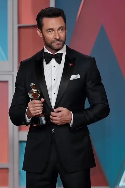RAW photo, a close up portrait photo of hugh jackman wearing a tuxedo on stage at an award show ,beard, muscular body, huge biceps, (high detailed skin:1.2), 8k uhd, dslr, soft lighting, high quality, film grain, Fujifilm XT3 <lora:hughjackman:0.8>