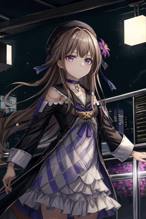 <lora:more_details:0.5>, (best quality:1.2), (masterpiece:1.2), regherta, doll joints, bangs, beret, black headwear, dress, white dress, hair flower, hair ornament, long hair, long sleeves, purple eyes, purple flower, sailor collar, brown hair, grey hair, chain, choker, scifi lab, glowing screens, hologram, <lora:HertaLORA-V6:1.0>