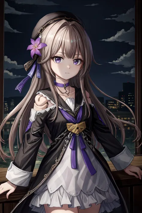 <lora:more_details:0.5>, (best quality:1.2), (masterpiece:1.2), regherta, doll joints, bangs, beret, black headwear, dress, white dress, hair flower, hair ornament, long hair, long sleeves, purple eyes, purple flower, sailor collar, brown hair, grey hair, chain, choker, <lora:HertaLORA-V6:1.0>