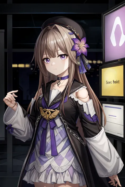 <lora:more_details:0.5>, (best quality:1.2), (masterpiece:1.2), regherta, doll joints, bangs, brown hair, grey hair, hair flower, purple flower, hair ornament, long hair, purple eyes, beret, black headwear, dress, white dress, long sleeves, sailor collar, chain, choker, scifi lab, glowing screens, hologram, <lora:HertaLORA-V6:1.0>