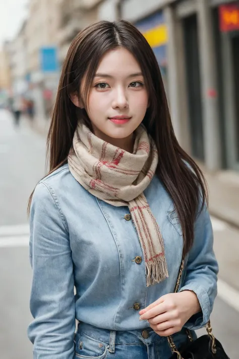 1girl, realistic, ((Masterpiece, best quality,edgQuality)), smug,smirk, edgADC_fashion, a woman with a scarf on is walking down the street ,wearing edgADC, <lbm=FACES>