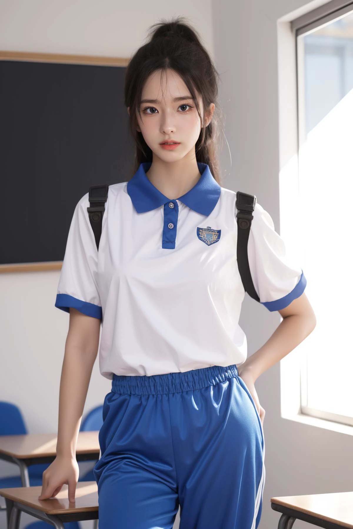 1girl,solo,standing,,ruanyi0533,blue pants,collared shirt,short sleeves,striped,sneakers,cowboy shot,indoors,school,classroom,school desk,white shirt,<lora:0533 Shen Jiayi_v1:1>, best quality,masterpiece,highres,official art,extremely detailed cg unity 8k wallpaper