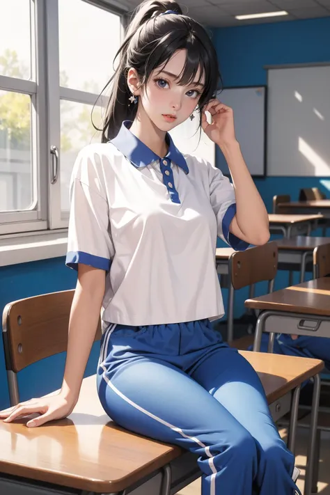 1girl,solo,,ruanyi0533,blue pants,collared shirt,short sleeves,striped,sneakers,high ponytail,cowboy shot,indoors,school,classroom,school desk,sitting,<lora:0533 Shen Jiayi_v1:1>, best quality,masterpiece,highres,official art,extremely detailed cg unity 8k wallpaper