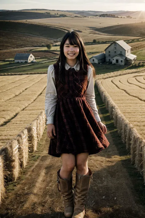 YuiKasugano <lora:YuiKasugano+_v1.0:1> <lora:add_detail:0.8> smirk, smile, grin, by Chuck Close, 1girl, solo, rule of thirds, perfect compostion, detailed hair and face, detailed eyes, pupils perfect face, detailed nose, cheeks, (lips:1.2), ears, American Country Sundress with Cowboy Boots, A sundress in a floral or gingham pattern, paired with leather cowboy bootsAmidst the rustic charm of a hay farm in Middle America, the photographer captures an upper body portrait of the model. The expressive gaze resonates with the wholesome beauty of the farm surroundings, turning the scene into a captivating tableau for her allure. Dramatic folds and rich tonal contrasts unfold against the backdrop of bales of hay, an old red barn, and a weathered tractor, accentuating the model s natural contours. The play of sunlight, filtering through the golden strands of hay and casting warm shadows, imparts a radiant glow to the setting. Subtle textures and timeless elegance interweave, creating a visual masterpiece that seamlessly blends the model s modern style with the rural charm of the farm. In the simple authenticity of this farm setting, the photographer transforms sunlight into an art form. The model effortlessly integrates into the agricultural surroundings, each fold and highlight contributing to a composition that captures not only the visual but also the tactile essence of the moment. The vast expanse of the hay farm, with its quintessential elements, completes this captivating portrait in the heart of Middle America s agricultural landscape.