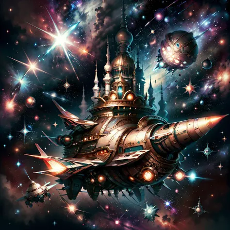 <lora:KazakPunkAI:0.9>, KazakPunkAI, spaceship in space, stars