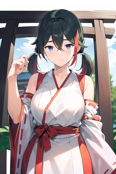 best quality, masterpiece, 1girl, solo,   <lora:hahasky-10:0.9>, (twintails,hair between eyes, multicolored hair :1.3),  miko, shrine,