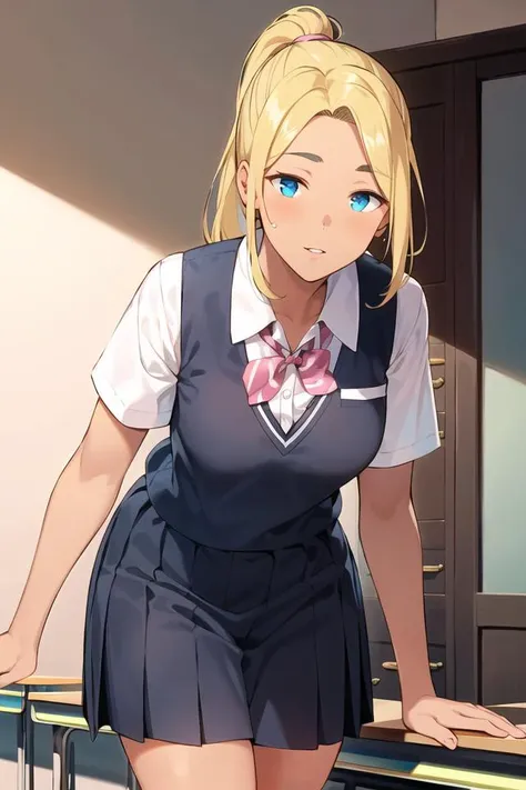 best quality, masterpiece, 1girl, solo, <lora:hahasky-10:0.9>,school uniform, blonde hair, long hair, ponytail, (dark skin,tan:1.4) pink lips, gyaru,