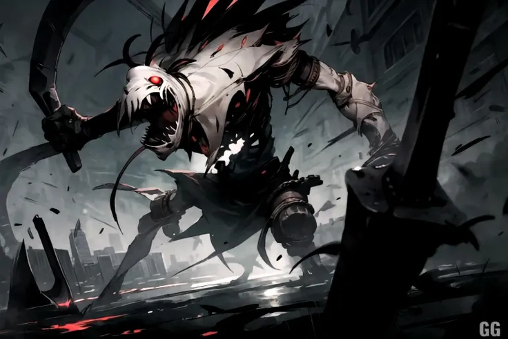 fiddlesticks,  <lora:fiddlesticks-10:0.75>1boy,full body,monster,teeth,glowing eyes,  no humans,weapon, holding scythe,city bg