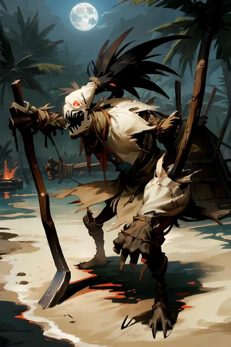 fiddlesticks holding a weapon, 1boy,male focus,torn clothes, legs,arms,hands, detailed face, monster ,teeth ,glowing eyes ,claws, no humans , <lora:add_detail:0.2>, <lora:fiddlesticks-10:0.7>, focus on character, portrait, looking at viewer, solo, (full body:0.6), detailed background, (<lyco:CulturePunkBundle-000007:0.5>, zulupunkai, zulu theme:1.1), evil pirate, rich privateer captain uniform, pirate hat, amulet, cunning smile, treasure map, tropical beach, pirate hideout, pier, camp, palm trees, sand, peaceful, sunlight, pirate tents, treasure, moonlight, cinematic atmosphere,